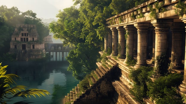 Spectacular view of an ancient temple complex amid lush greenery beside a tranquil lake. photo