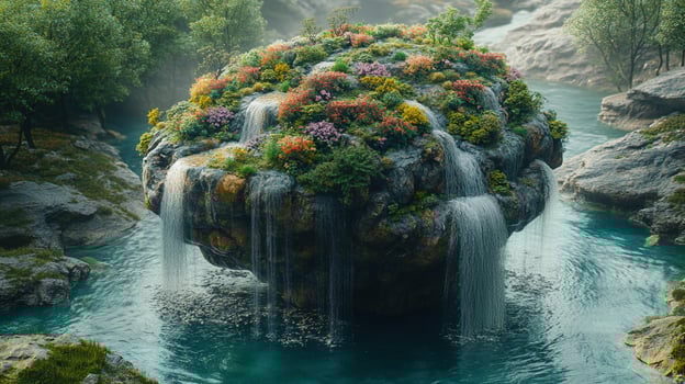 A floating island garden boasts stunning waterfalls cascading into a clear turquoise river. photo