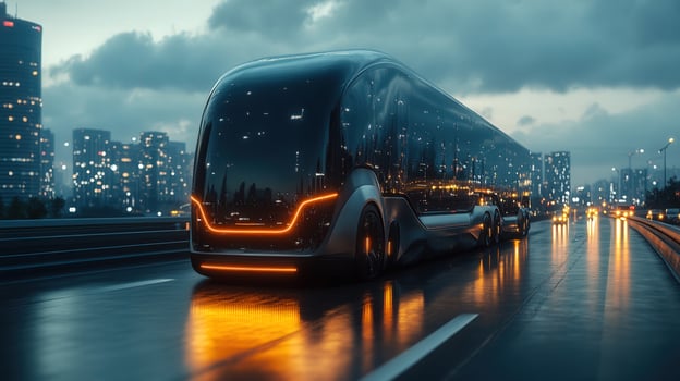 A futuristic autonomous bus travels along a highway with neon lights, set in a city at night. photo