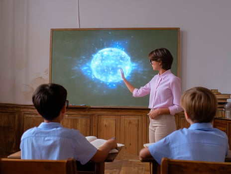 Teacher explaining digital orb to attentive students in classroom. photo