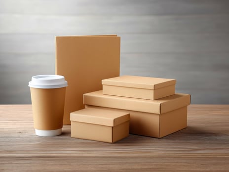 Eco-friendly packaging with coffee cup and cardboard boxes photo