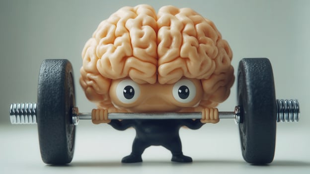 A clever and fun depiction of a brain figure lifting weights to represent mental fitness and training. photo