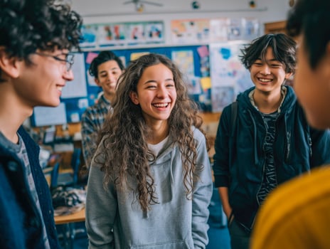 Group of friends laughing and chatting in a casual setting. photo