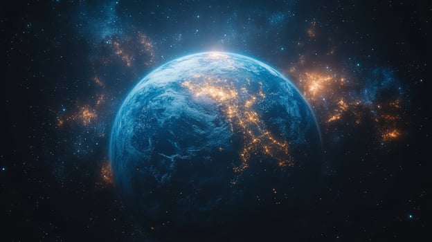 Stunning view of earth from space, illuminated by city lights against a starry backdrop. photo