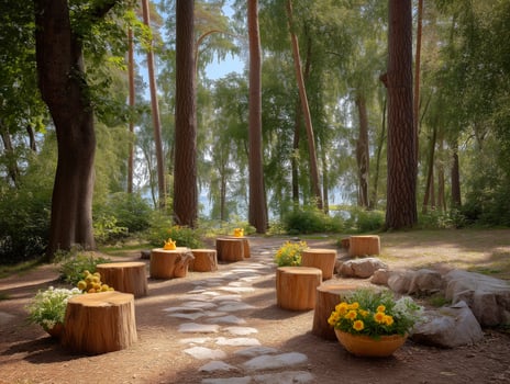 Serene forest clearing with log seats and vibrant flowers. photo