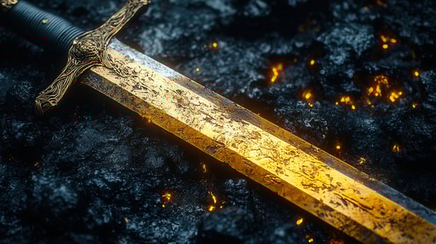 A detailed close-up shot of a golden sword resting on a dark and textured surface. photo