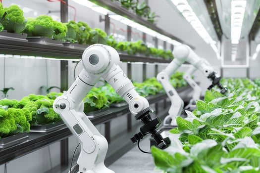 Two robots are tending to plants in a greenhouse photo