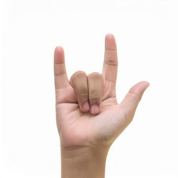 A Close up Shot of a Person's Hand Forming the I Love You Hand Sign on White Background photo