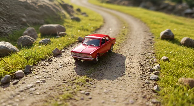 Red toy car on winding dirt road photo