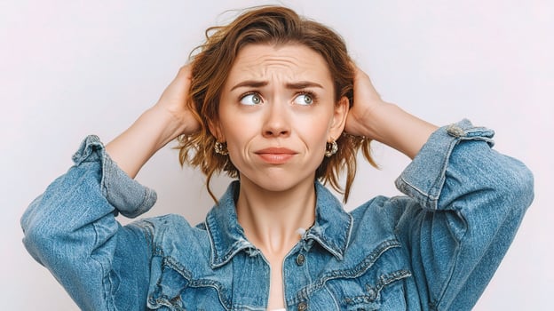 A woman is holding her head and looking at the camera photo