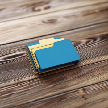 A stack of file icon rests on wood table, conveying sense of organization and accessibility. these file objects are ready to be accessed photo