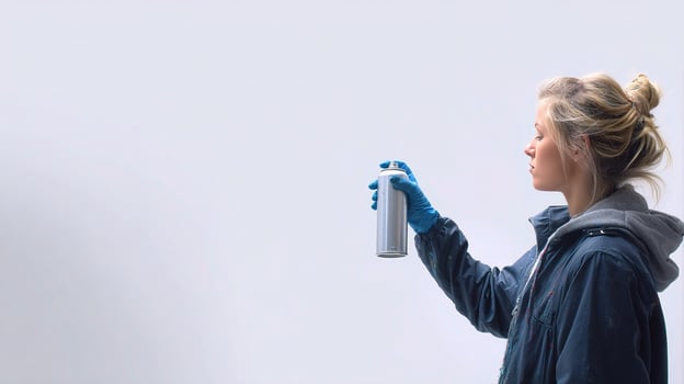 A woman in blue gloves and a blue jacket is spraying a white wall photo
