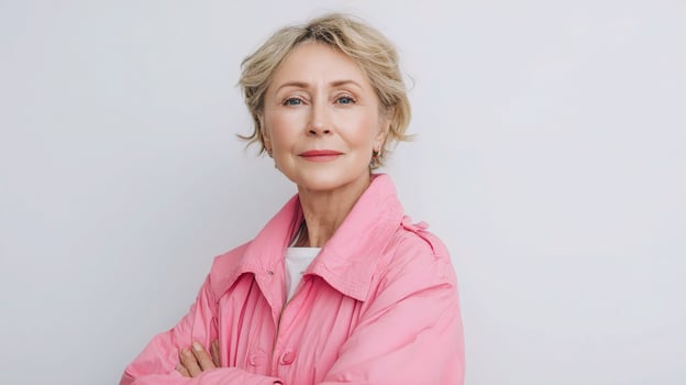 A woman with short hair and a pink jacket photo