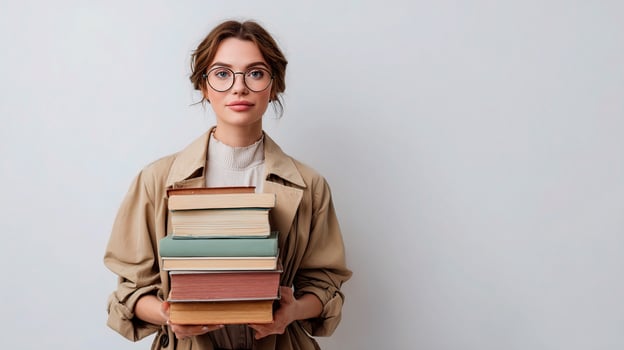 A woman in glasses holding a stack of books photo