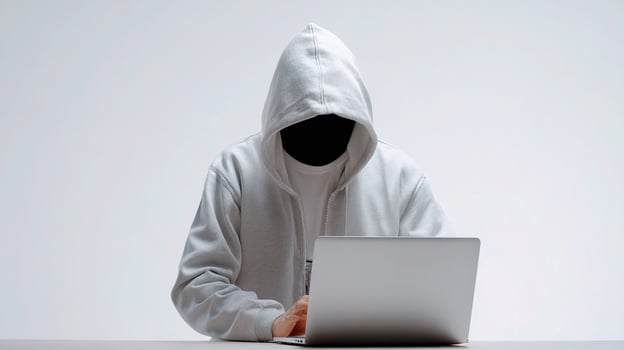 A person in a hoodie sitting at a desk with a laptop photo