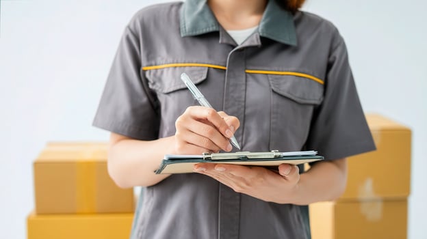 A woman in a uniform holding a clipboard and writing on it photo