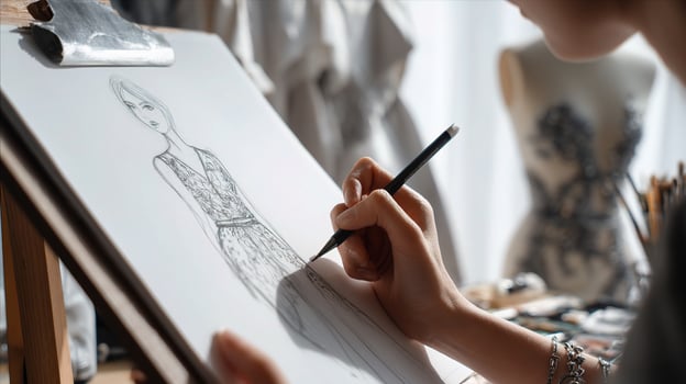 A woman is drawing a fashion design on a paper photo