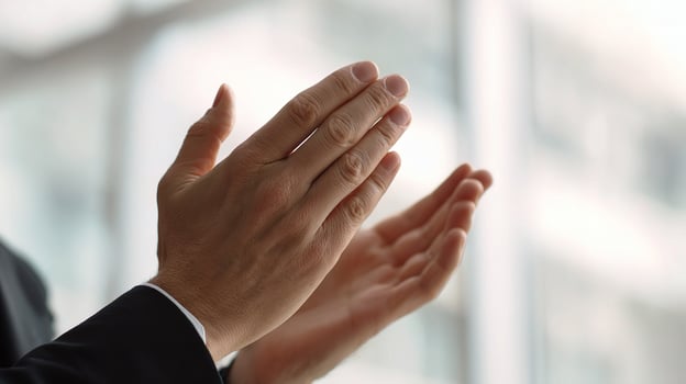 A person in a suit is clapping their hands photo