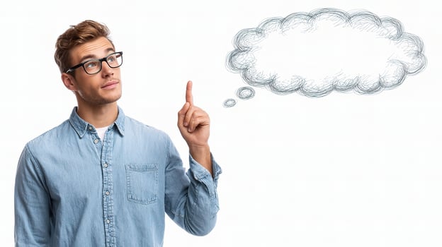 Young man pointing to thought bubble with finger isolated on white background photo