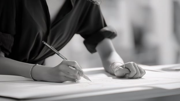 A woman is writing on a piece of paper photo