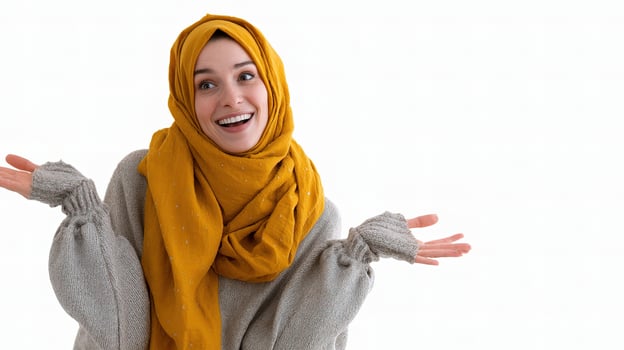 A woman wearing a yellow scarf is smiling photo