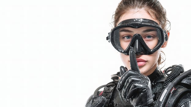 A woman in a scuba suit with a finger to her lips photo