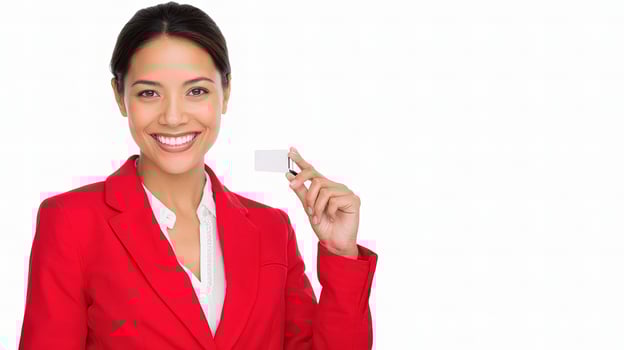 A woman in a red suit holding a business card photo