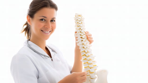 A woman in a white coat holding a model of the spine photo