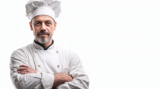 A man in a chef's uniform is standing with his arms crossed photo