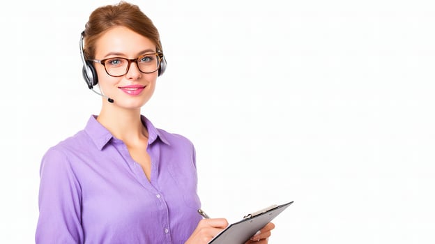 A woman wearing glasses and a headset holding a clipboard photo