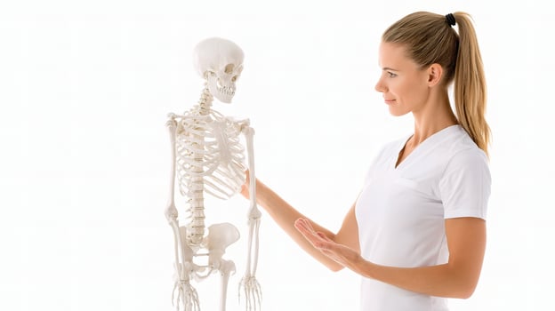 A woman is holding a skeleton model in front of her photo