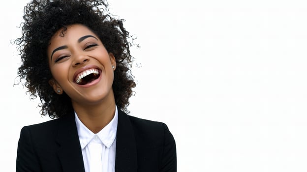 A woman in a business suit laughing photo