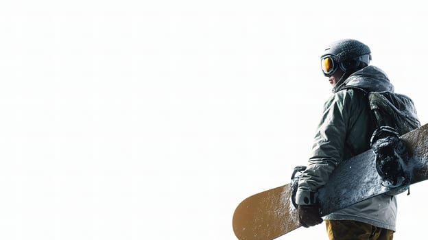 A snowboarder is standing in the snow holding his board photo