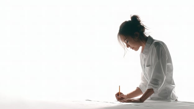 A woman in a white shirt is writing on a piece of paper photo