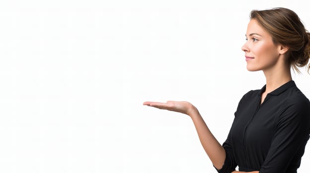 A woman is holding something out in front of her photo