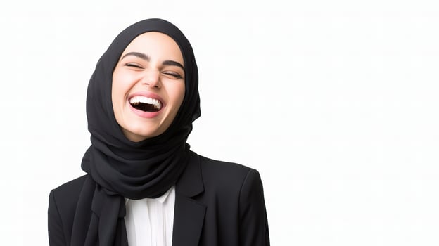 A woman in a hijab is laughing photo