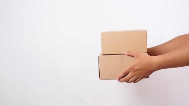 Hand of delivery man in holding package boxes parcel isolated on white background photo