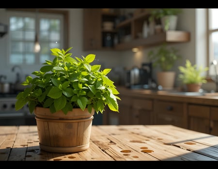 Growing Herb Plant in Pot on Kitchen Table with Sunlight photo