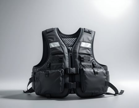 Black Tactical Vest with Pockets and Reflective Stripes Against Gray Background photo