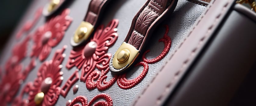 close up of a handbag with red and gold details photo