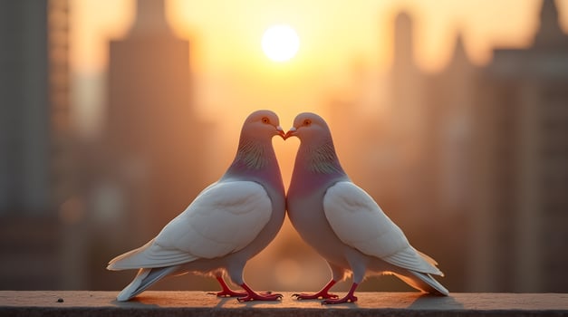 Two pigeons are standing on top of a ledge with the sun setting behind them photo