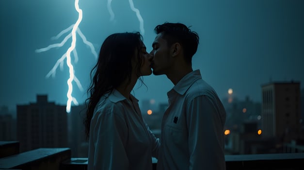 A couple kissing in front of a lightning bolt photo