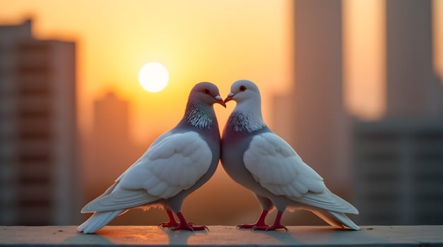 Two pigeons are standing on a ledge with the sun setting behind them photo