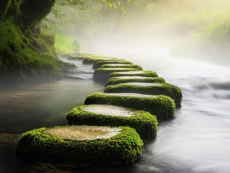 Moss-covered stepping stones in a misty river landscape photo