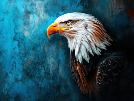 Majestic bald eagle perched against a vibrant blue background photo