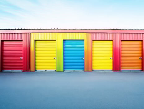Colorful storage units lined up at a facility photo