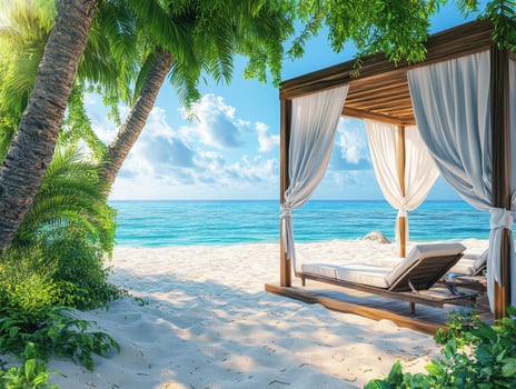 Relaxing beach cabana overlooking clear blue ocean water photo
