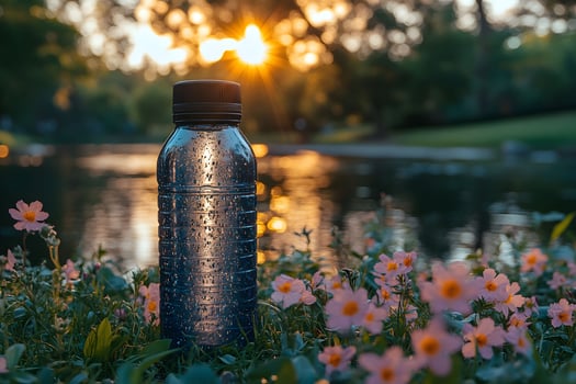 Morning Serenity Water Bottle with Dew in Floral Park Setting at Sunrise photo