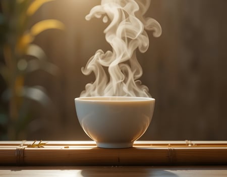 Hot Beverage in White Bowl with Rising Steam on Bamboo Mat photo