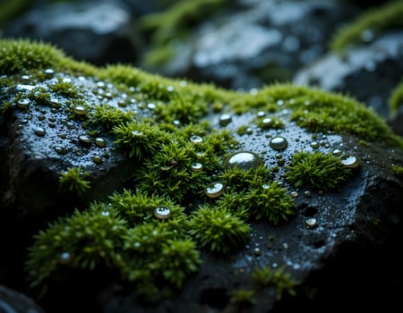 Mossy Rock with Water Droplets Close-up Nature Scene photo